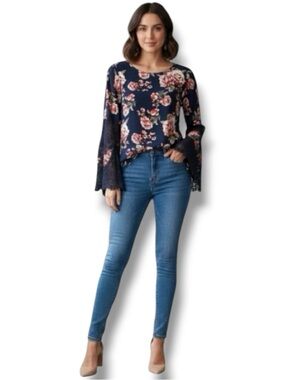 Wishful Park Blouse Navy Rose Print Lace Detail Bell Sleeve Boho WhimsyGoth - M